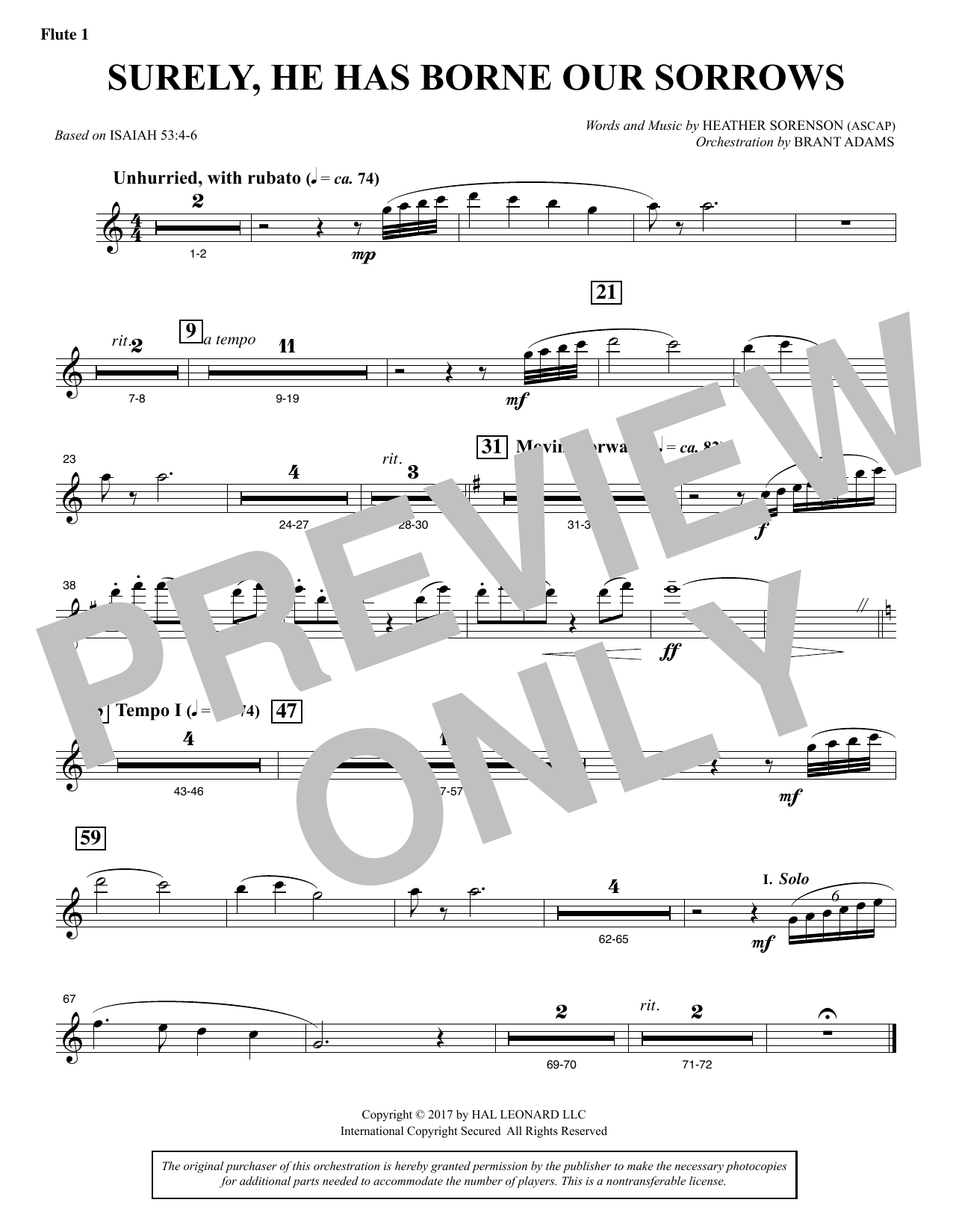 Heather Sorenson Surely, He Has Borne Our Sorrows - Flute 1 sheet music notes and chords arranged for Choir Instrumental Pak