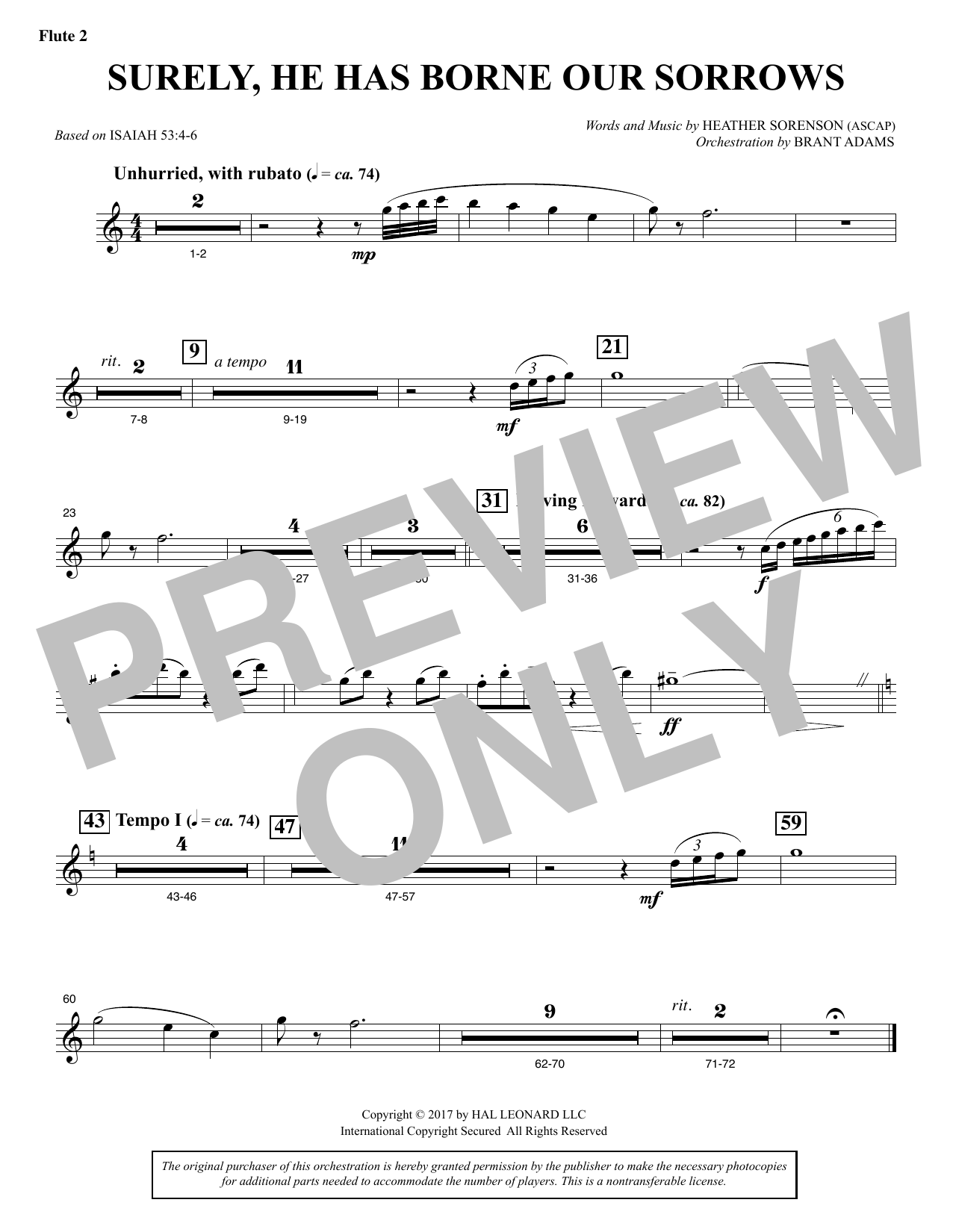 Heather Sorenson Surely, He Has Borne Our Sorrows - Flute 2 sheet music notes and chords arranged for Choir Instrumental Pak