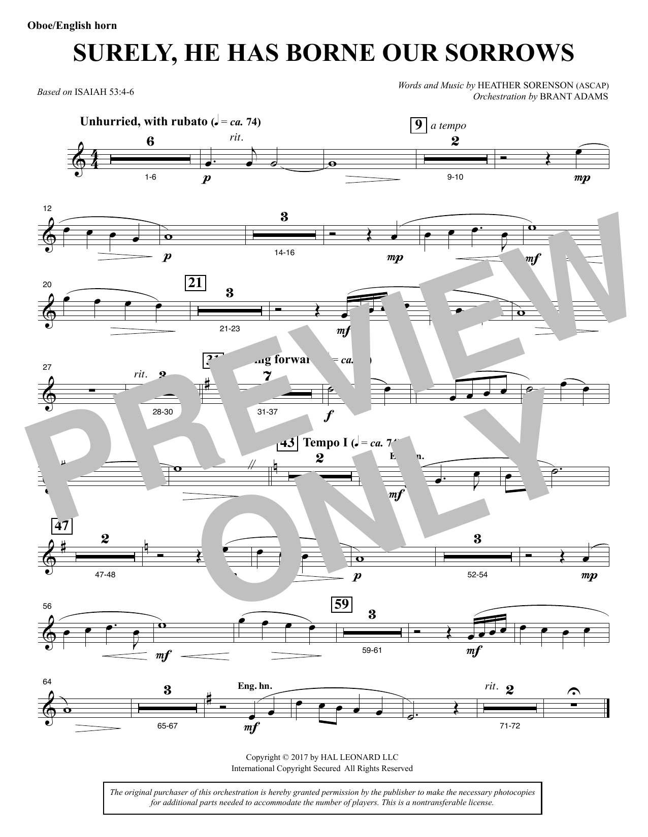 Heather Sorenson Surely, He Has Borne Our Sorrows - Oboe/English Horn sheet music notes and chords arranged for Choir Instrumental Pak