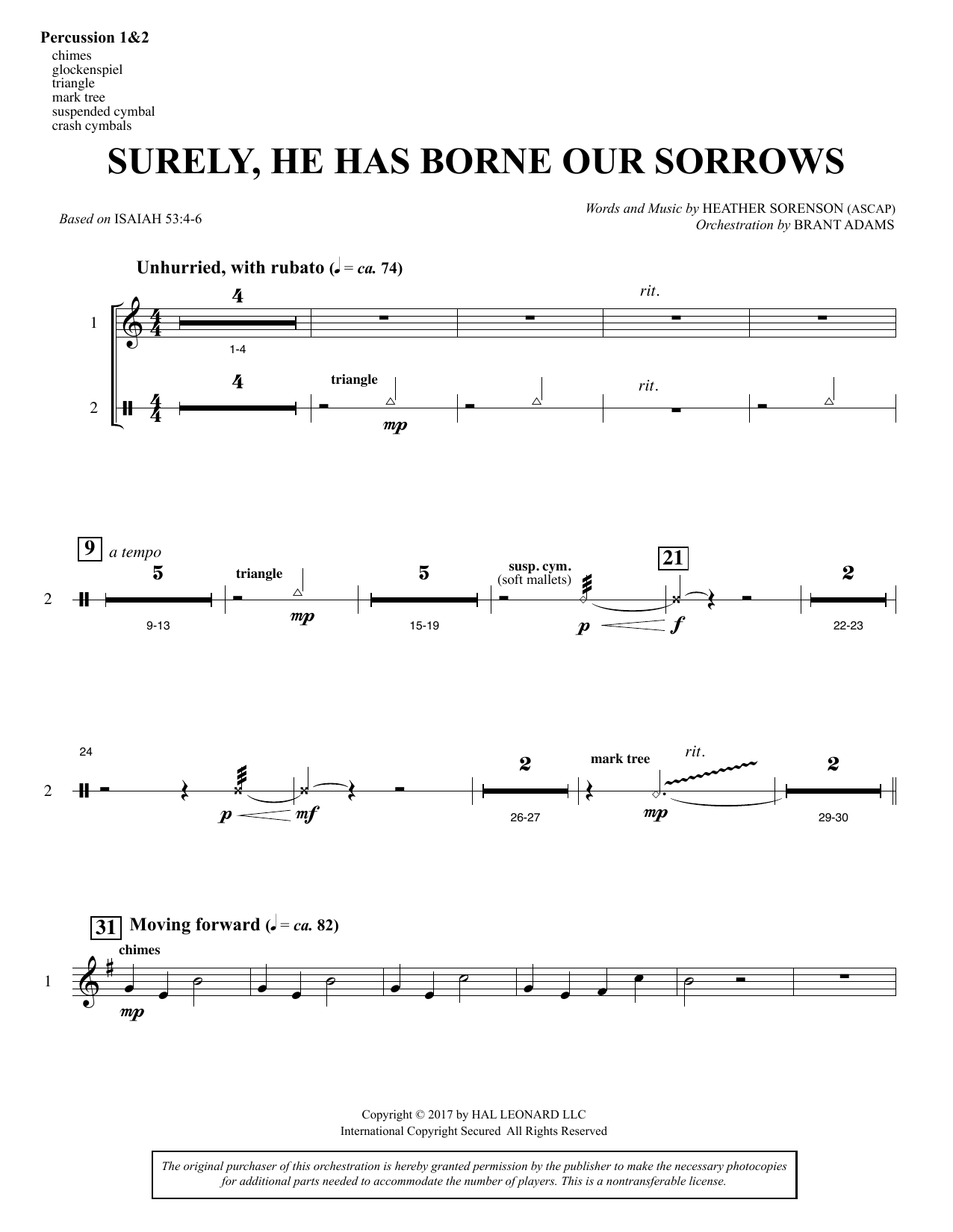 Heather Sorenson Surely, He Has Borne Our Sorrows - Percussion 1 & 2 sheet music notes and chords arranged for Choir Instrumental Pak