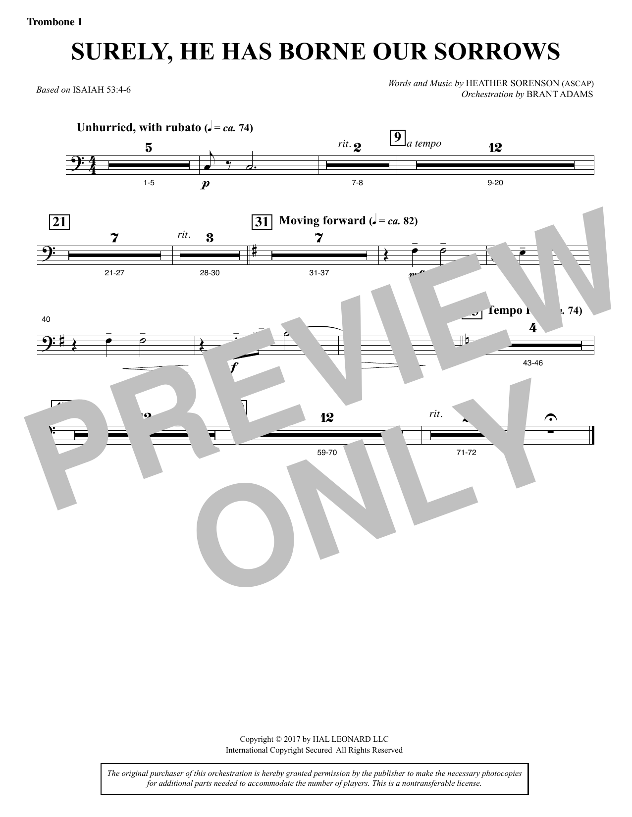 Heather Sorenson Surely, He Has Borne Our Sorrows - Trombone 1 sheet music notes and chords arranged for Choir Instrumental Pak