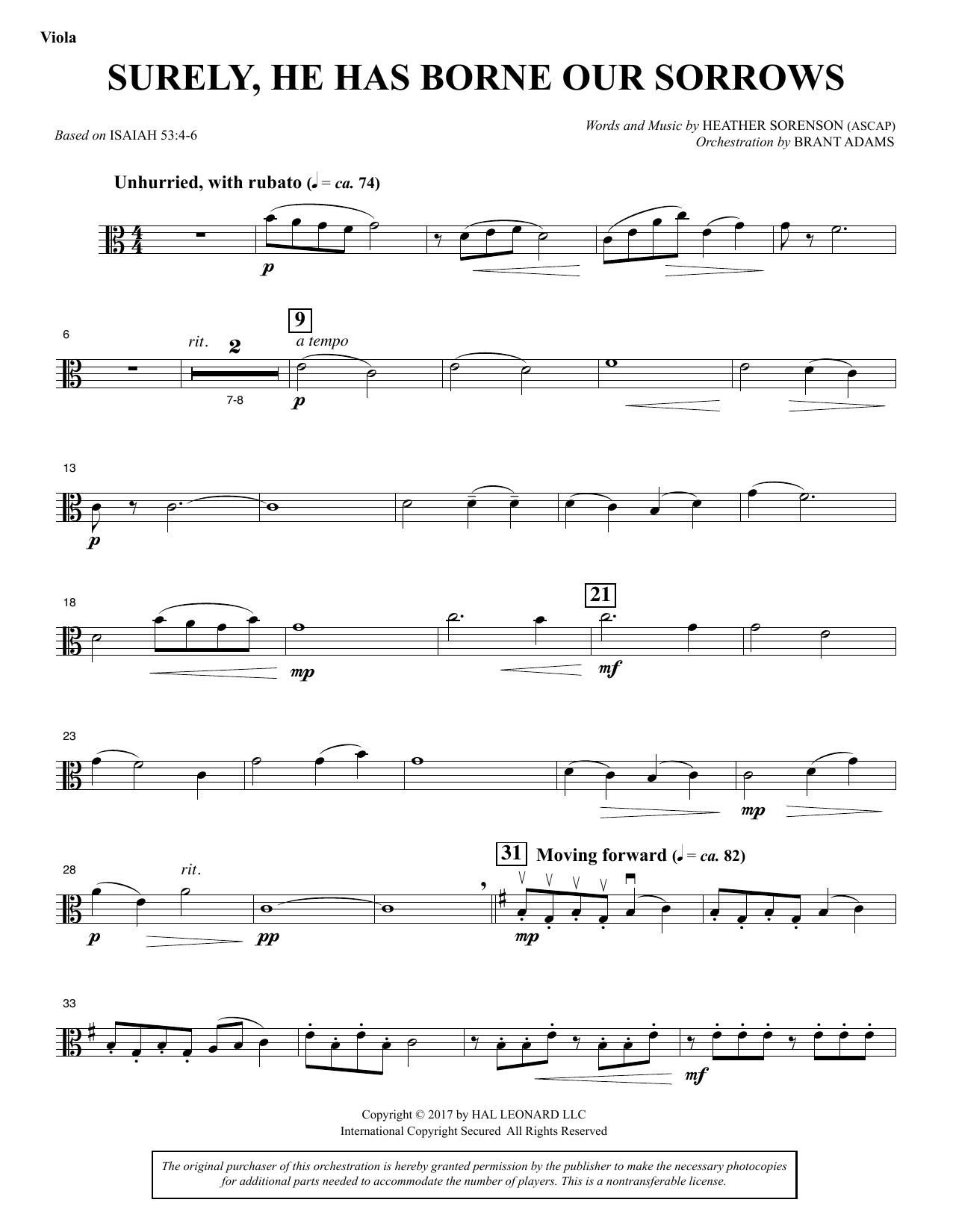 Heather Sorenson Surely, He Has Borne Our Sorrows - Viola sheet music notes and chords arranged for Choir Instrumental Pak