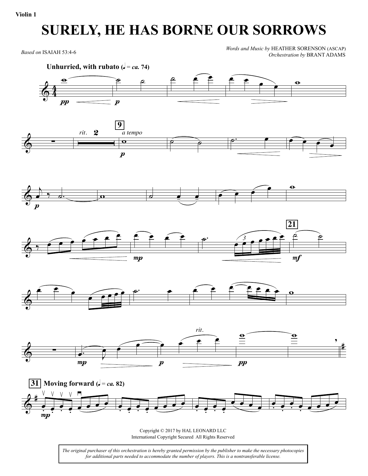 Heather Sorenson Surely, He Has Borne Our Sorrows - Violin 1 sheet music notes and chords arranged for Choir Instrumental Pak
