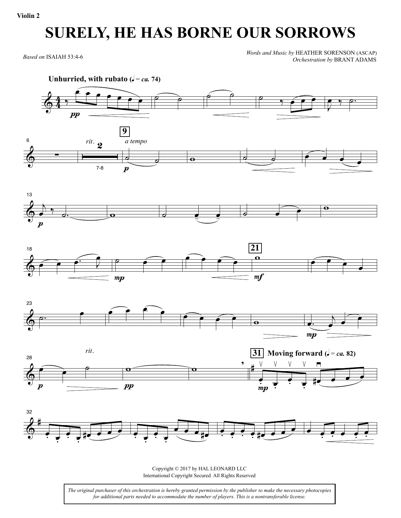 Heather Sorenson Surely, He Has Borne Our Sorrows - Violin 2 sheet music notes and chords arranged for Choir Instrumental Pak