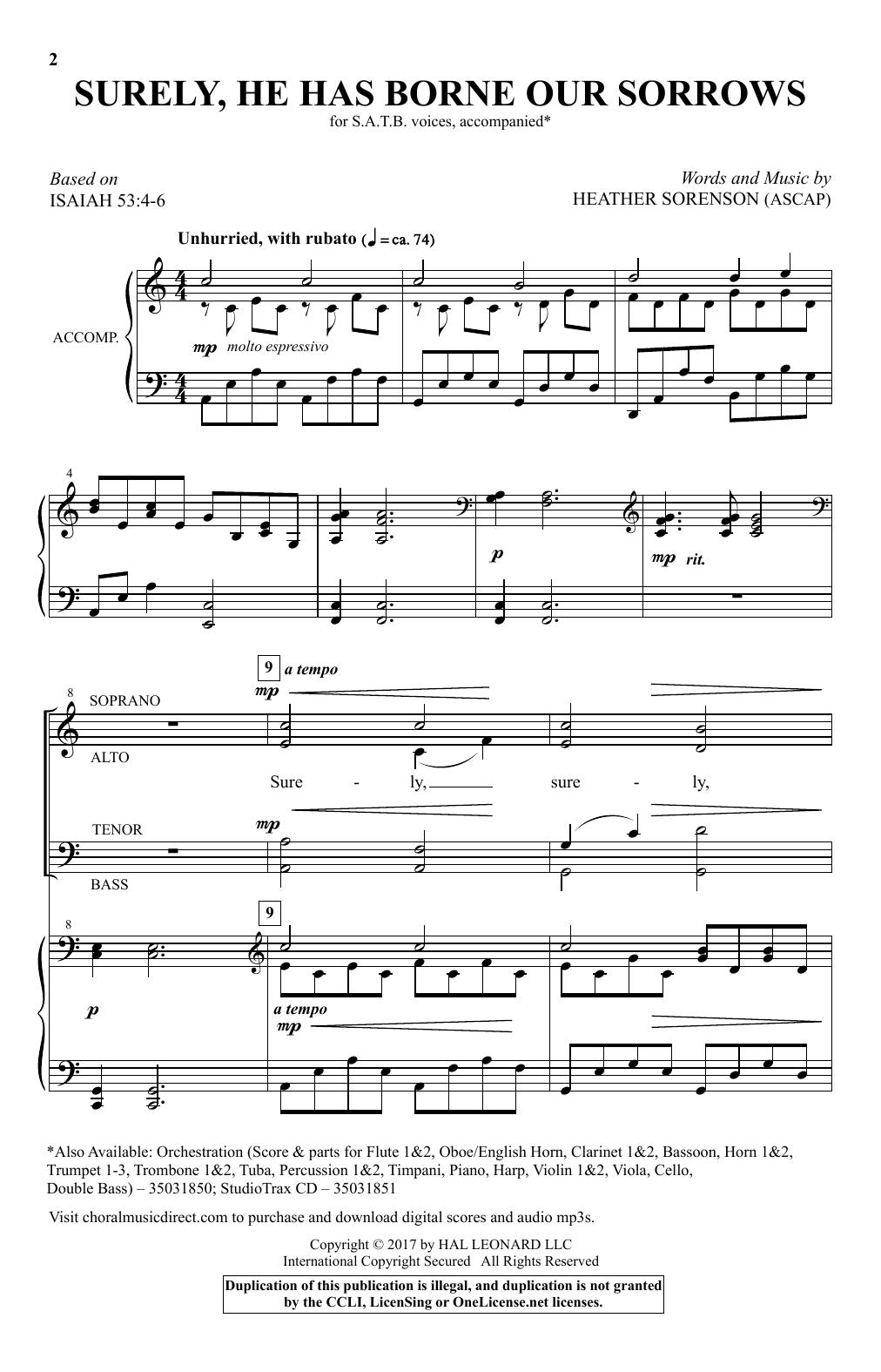 Heather Sorenson Surely, He Has Borne Our Sorrows sheet music notes and chords arranged for SATB Choir