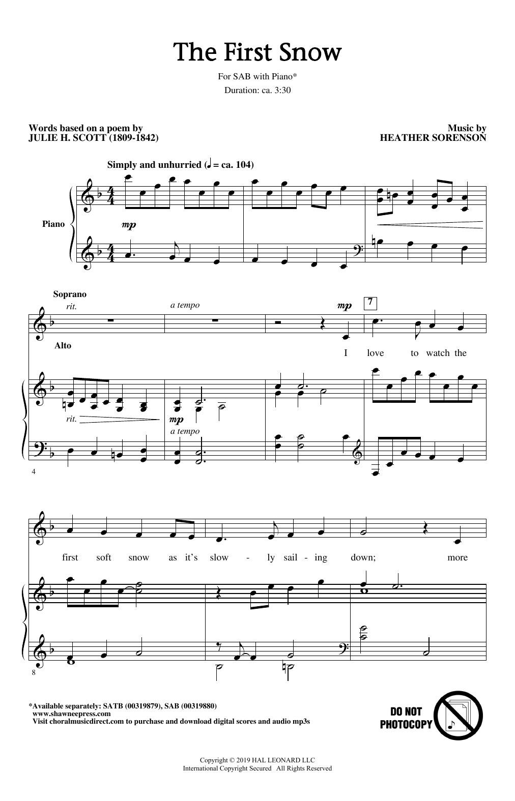 Heather Sorenson The First Snow sheet music notes and chords arranged for SAB Choir