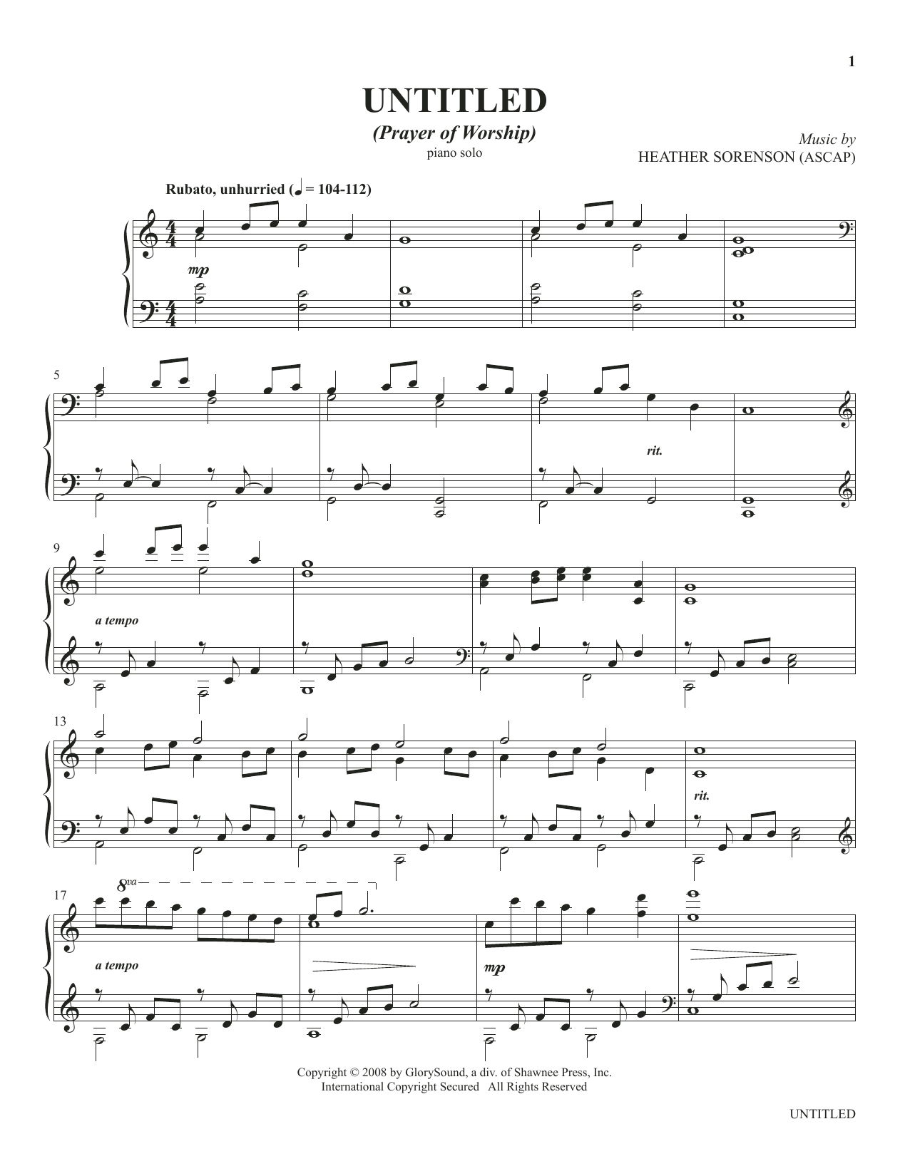 Heather Sorenson Untitled (from The Prayer Project) sheet music notes and chords arranged for Piano Solo