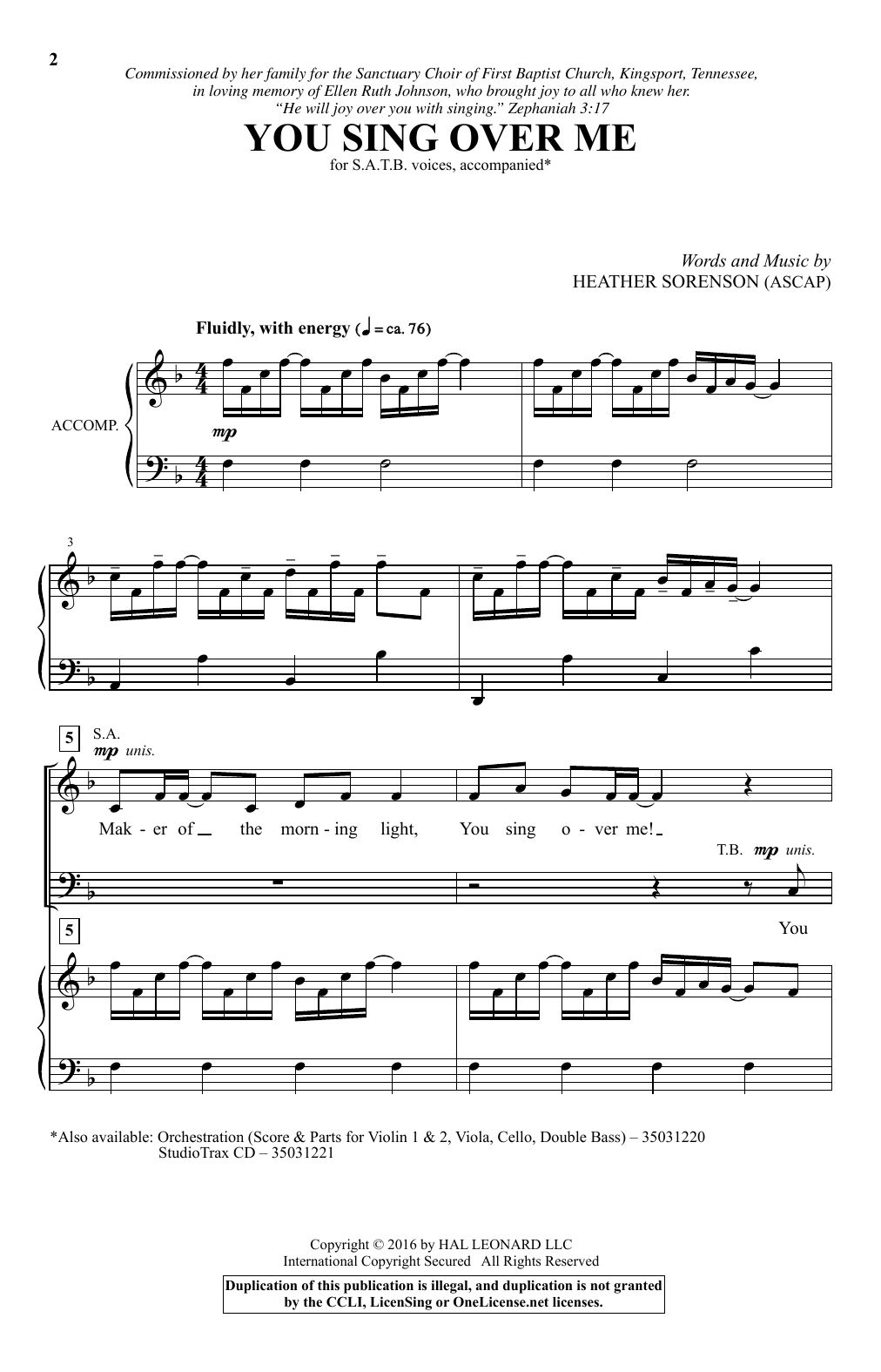 Heather Sorenson You Sing Over Me sheet music notes and chords arranged for SATB Choir