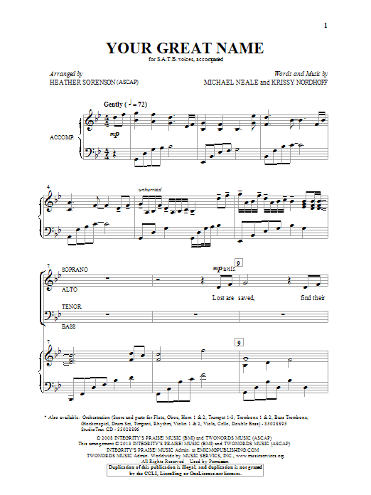 Heather Sorenson Your Great Name sheet music notes and chords arranged for SATB Choir