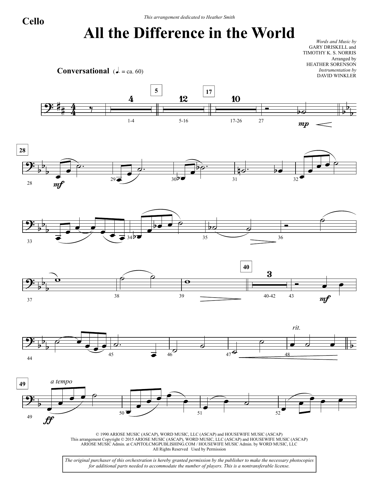 Heather Sorenson All the Difference in the World - Cello sheet music notes and chords. Download Printable PDF.