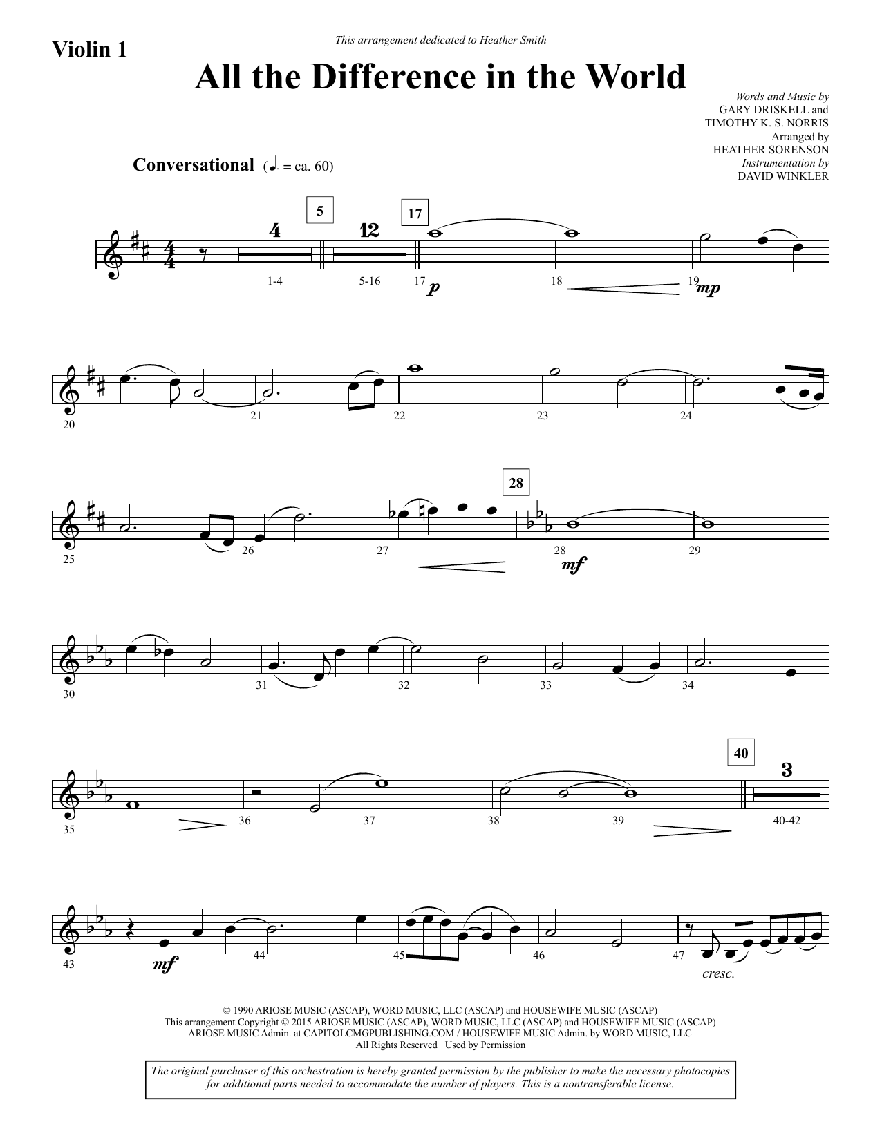 Heather Sorenson All the Difference in the World - Violin 1 sheet music notes and chords. Download Printable PDF.