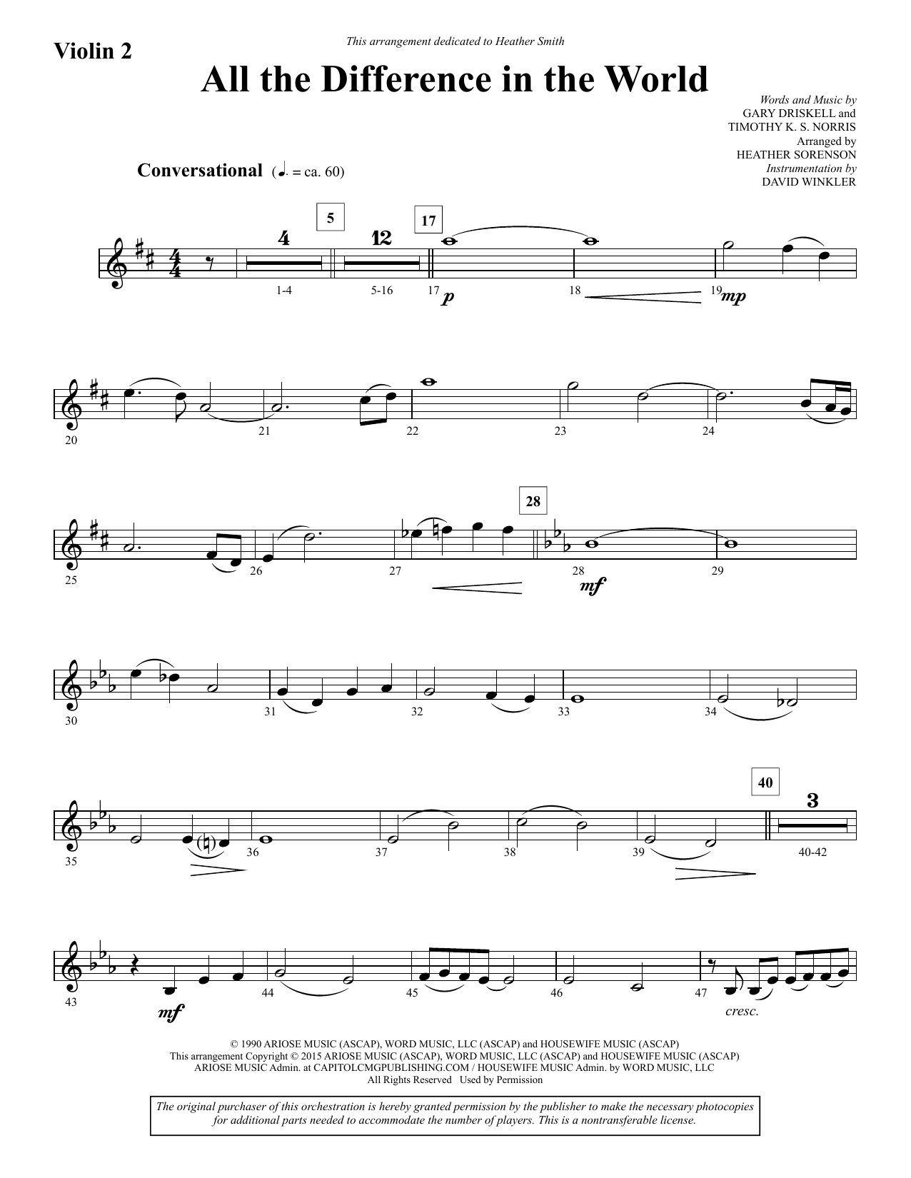 Heather Sorenson All the Difference in the World - Violin 2 sheet music notes and chords. Download Printable PDF.