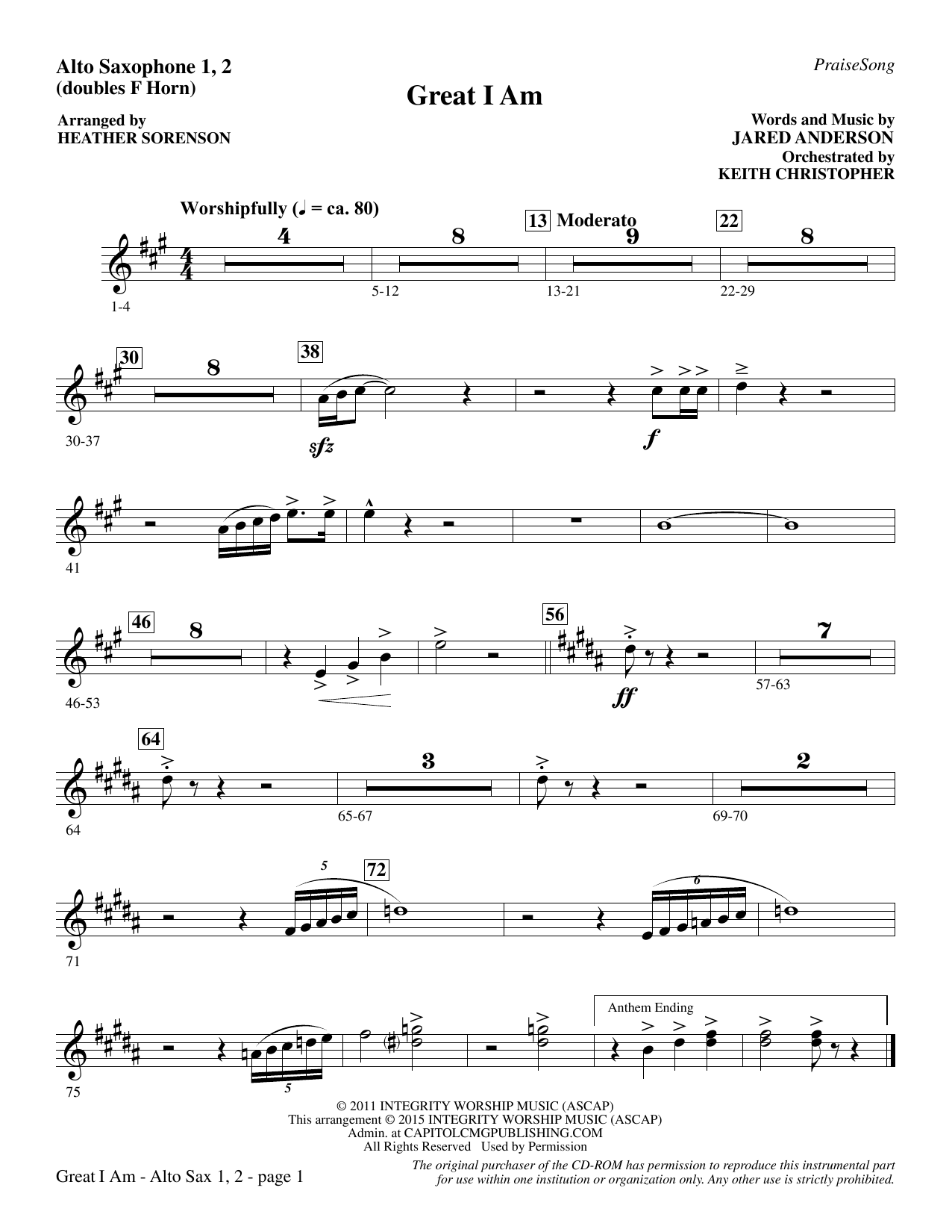 Heather Sorenson Great I Am - Alto Sax (sub. Horn) sheet music notes and chords. Download Printable PDF.