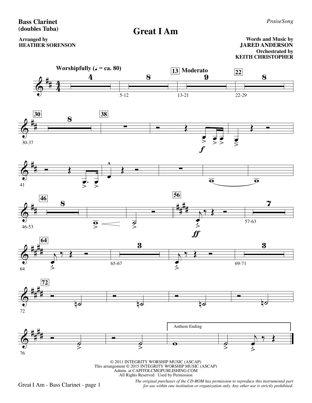 Heather Sorenson Great I Am - Bass Clarinet (sub. Tuba) sheet music notes and chords. Download Printable PDF.