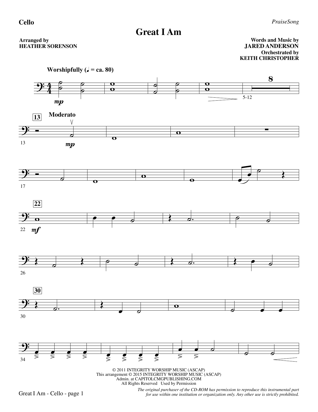 Heather Sorenson Great I Am - Cello sheet music notes and chords. Download Printable PDF.