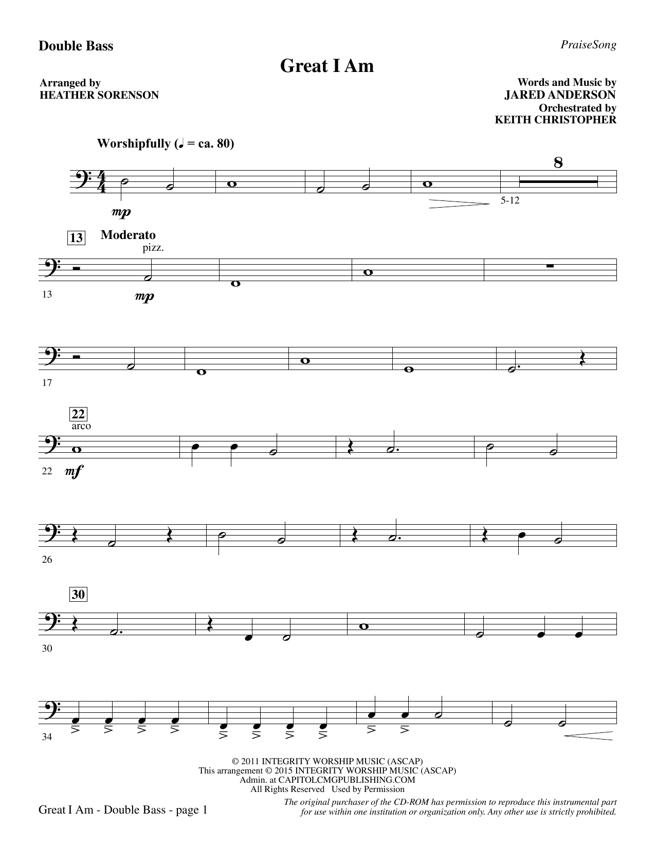 Heather Sorenson Great I Am - Double Bass sheet music notes and chords. Download Printable PDF.