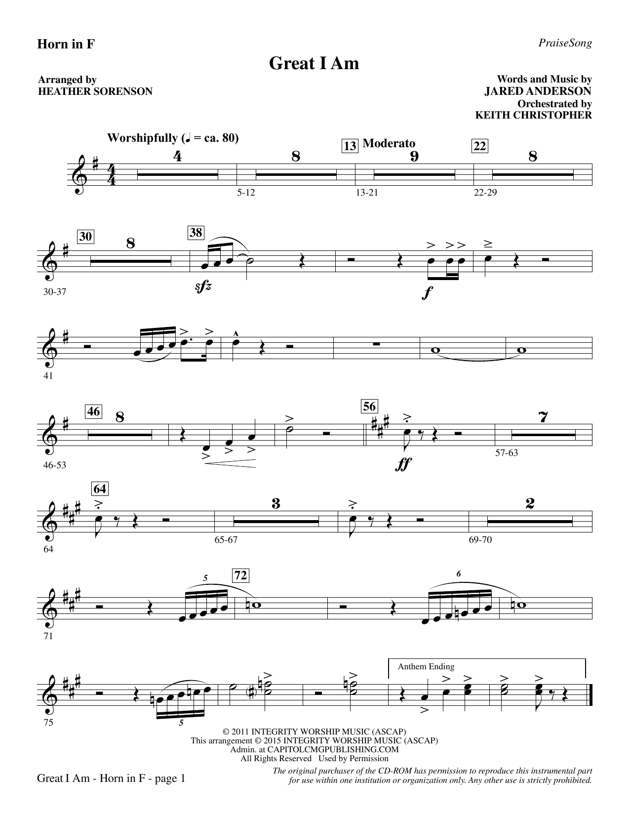 Heather Sorenson Great I Am - F Horn sheet music notes and chords. Download Printable PDF.