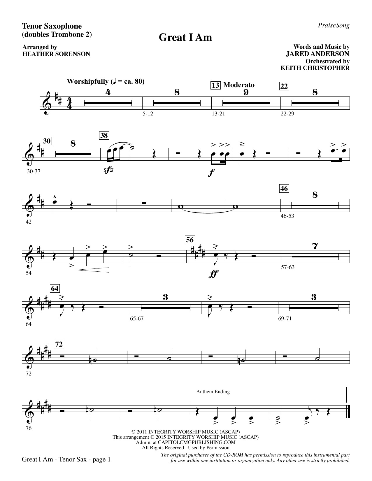 Heather Sorenson Great I Am - Tenor Sax (sub. Tbn 2) sheet music notes and chords. Download Printable PDF.