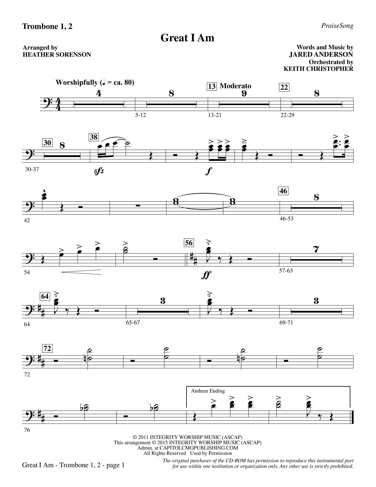 Heather Sorenson Great I Am - Trombone 1 & 2 sheet music notes and chords. Download Printable PDF.