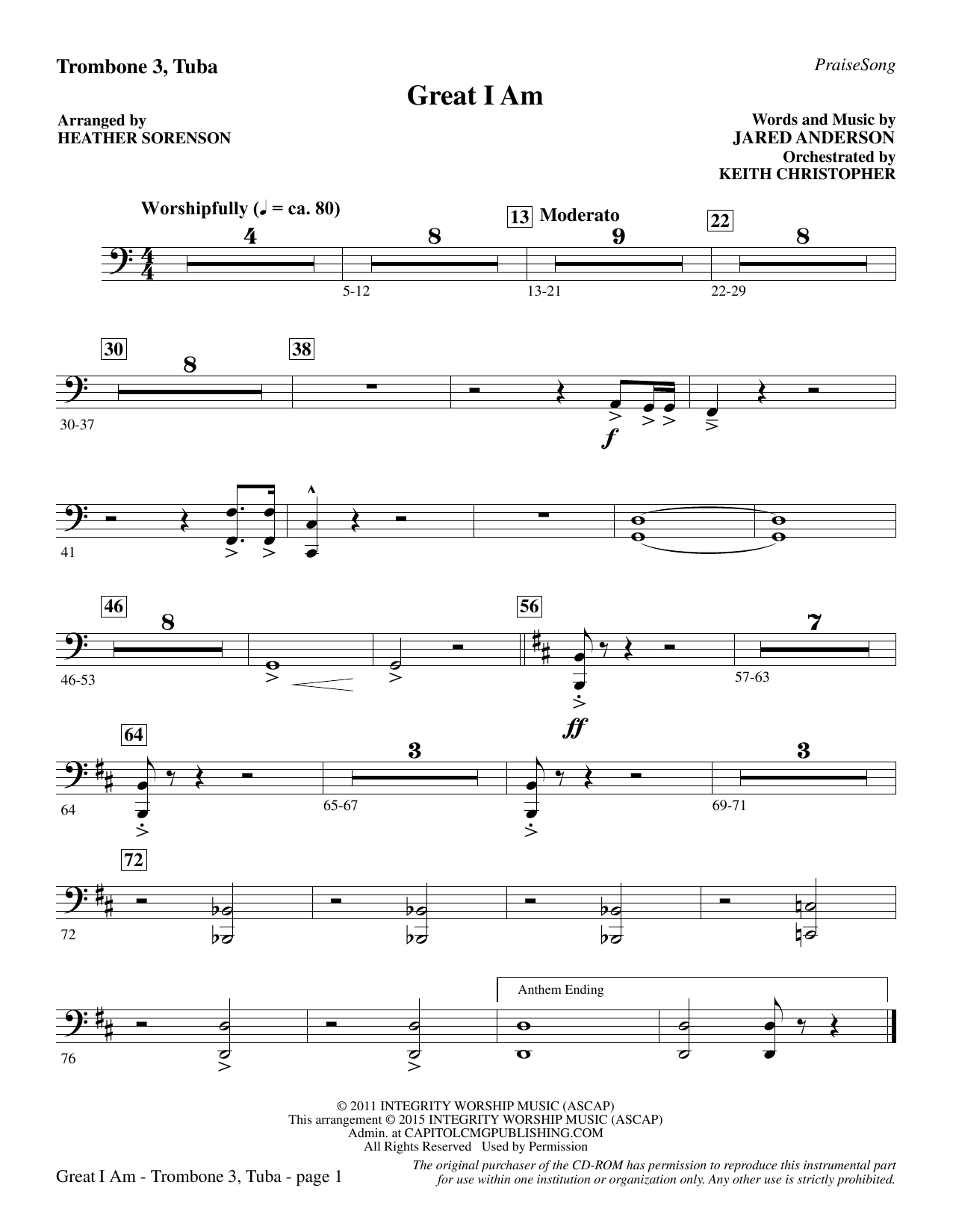 Heather Sorenson Great I Am - Trombone 3/Tuba sheet music notes and chords. Download Printable PDF.