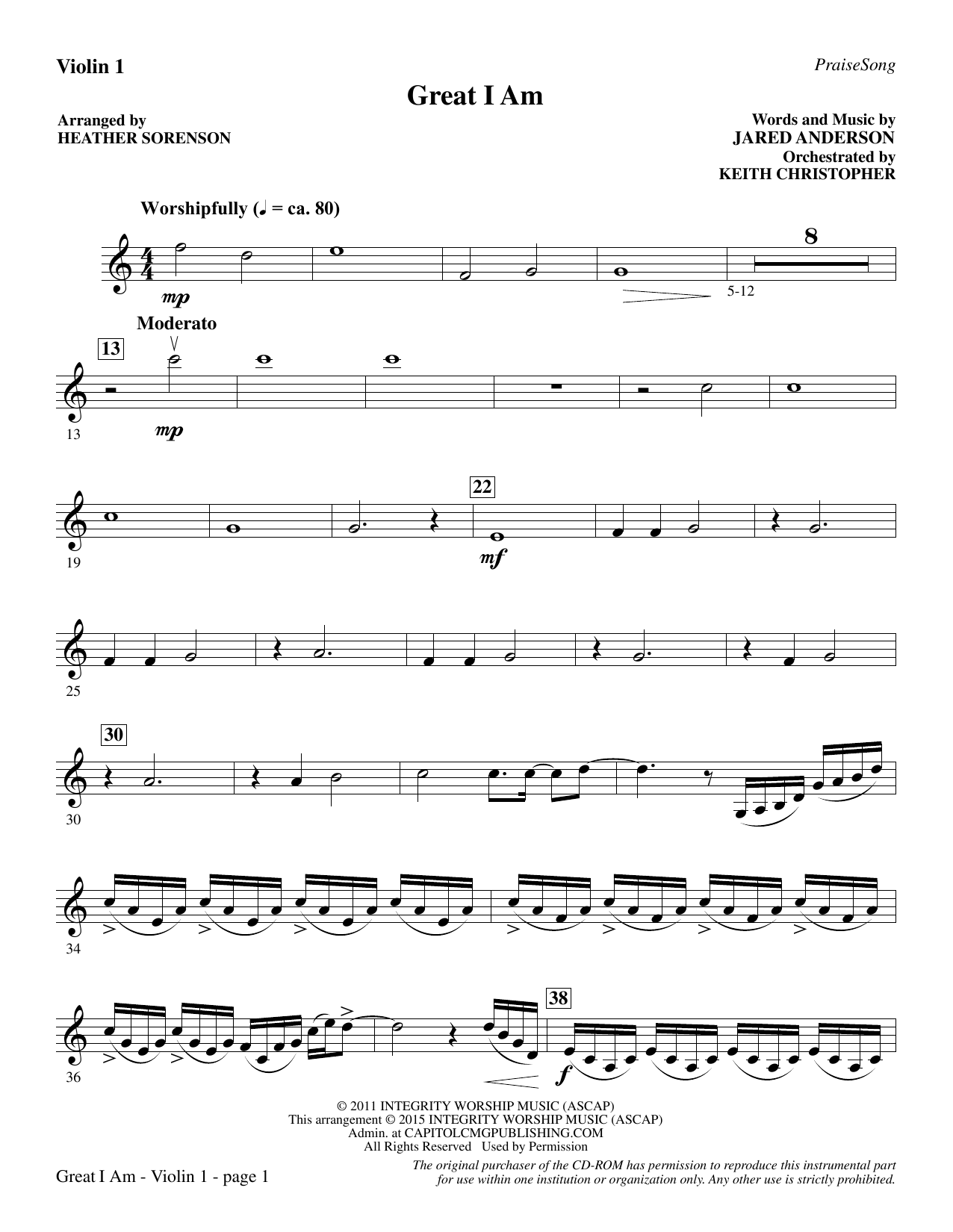 Heather Sorenson Great I Am - Violin 1 sheet music notes and chords. Download Printable PDF.