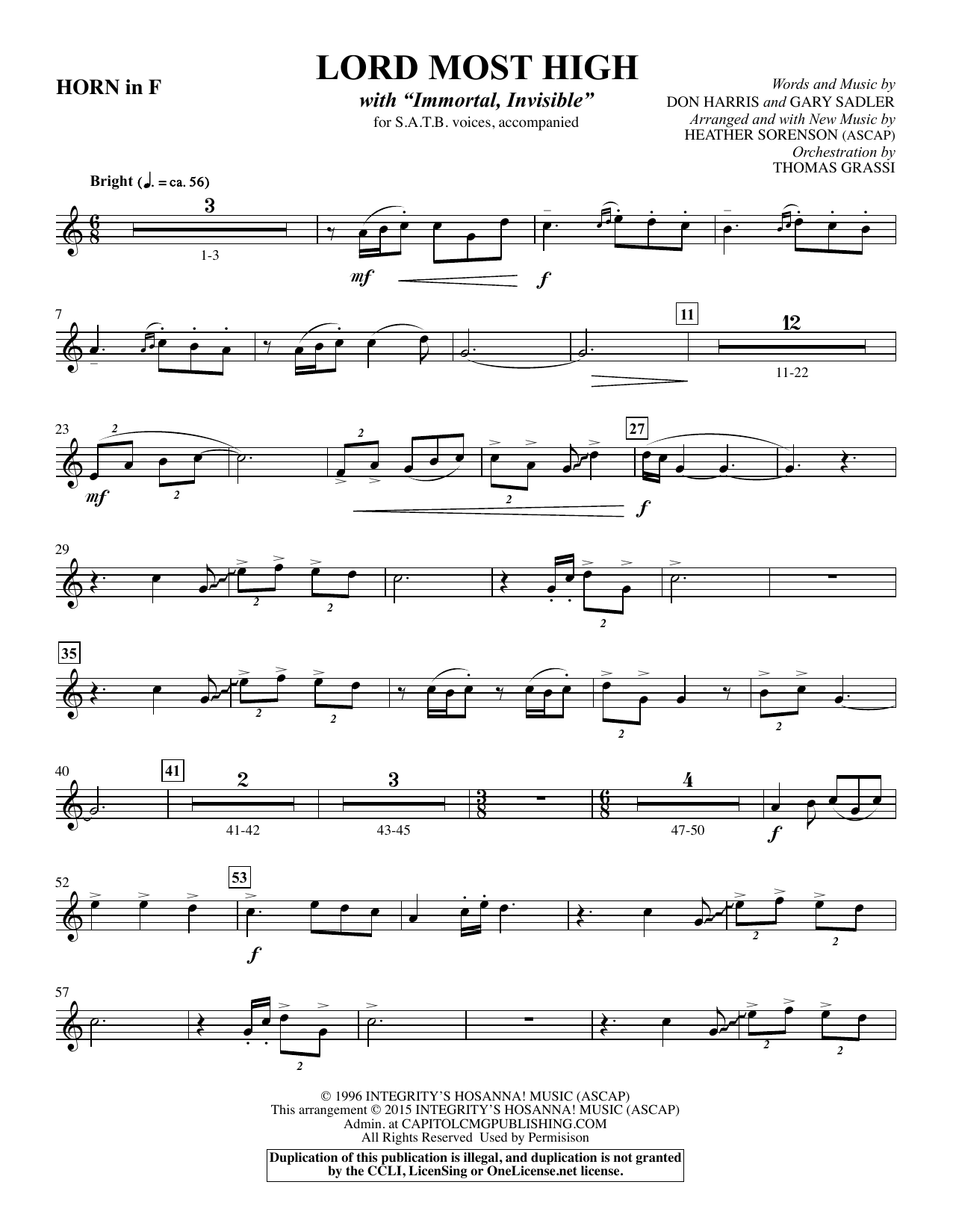Heather Sorenson Lord Most High - F Horn sheet music notes and chords arranged for Choir Instrumental Pak