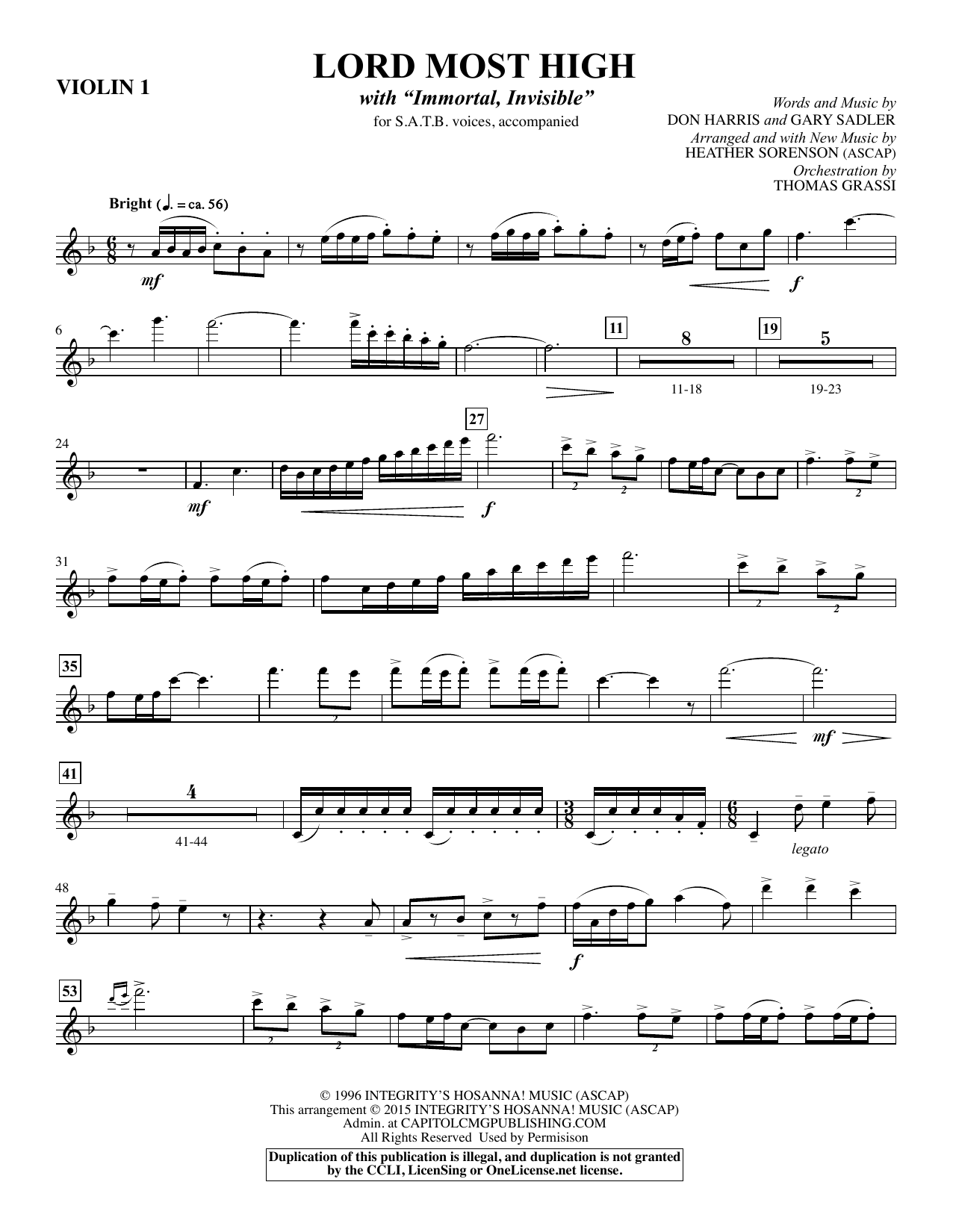 Heather Sorenson Lord Most High - Violin 1 sheet music notes and chords arranged for Choir Instrumental Pak