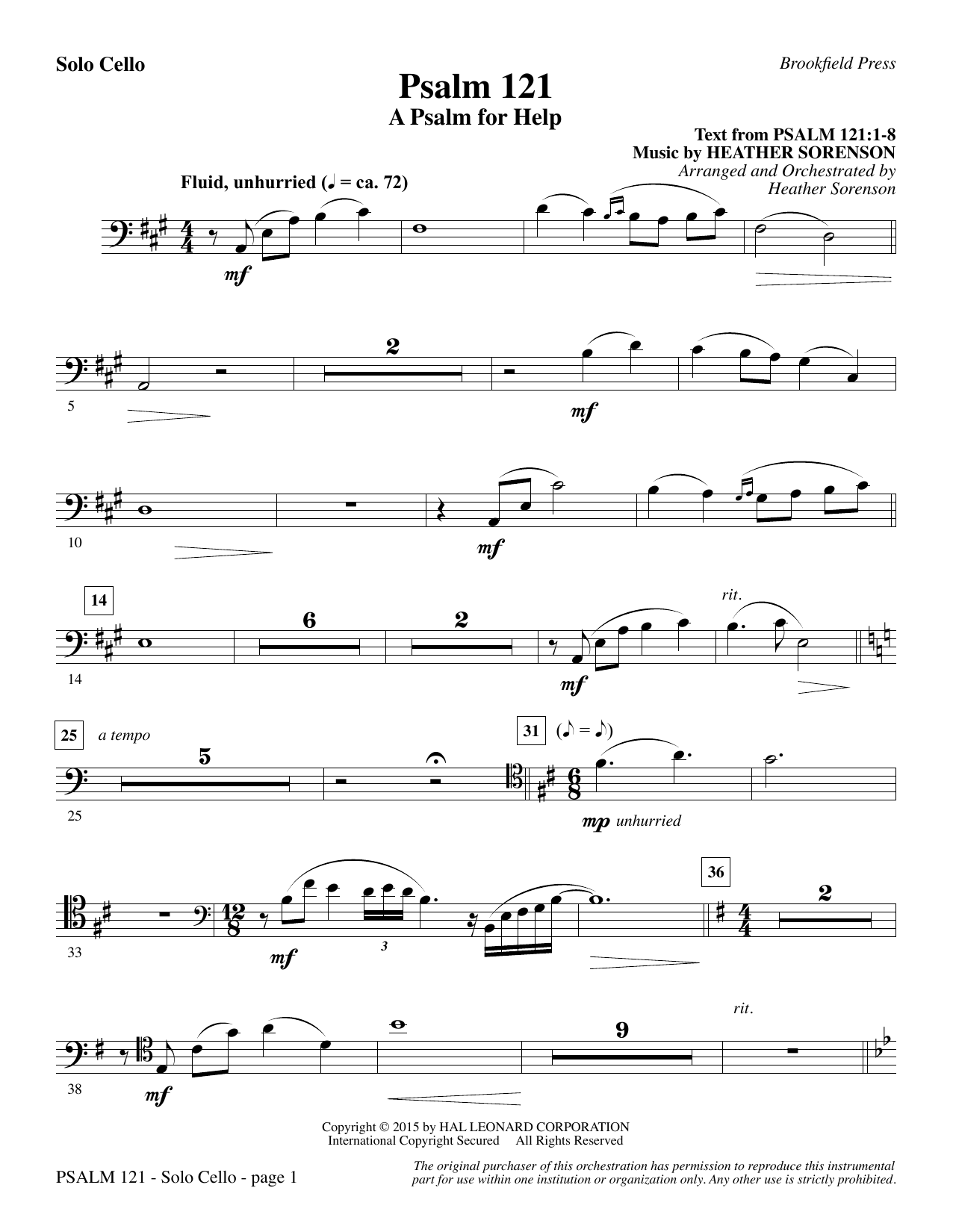 Heather Sorenson Psalm 121 (A Psalm For Help) - Solo Cello sheet music notes and chords arranged for Choir Instrumental Pak