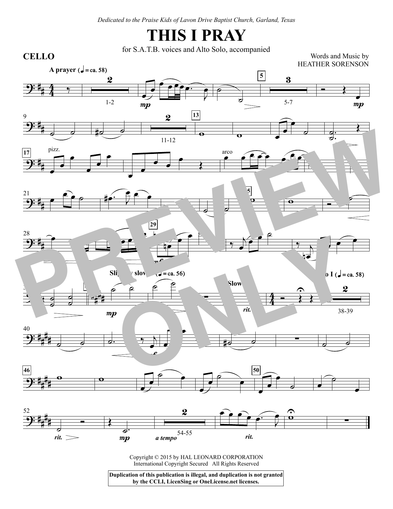 Heather Sorenson This I Pray - Cello sheet music notes and chords arranged for Choir Instrumental Pak
