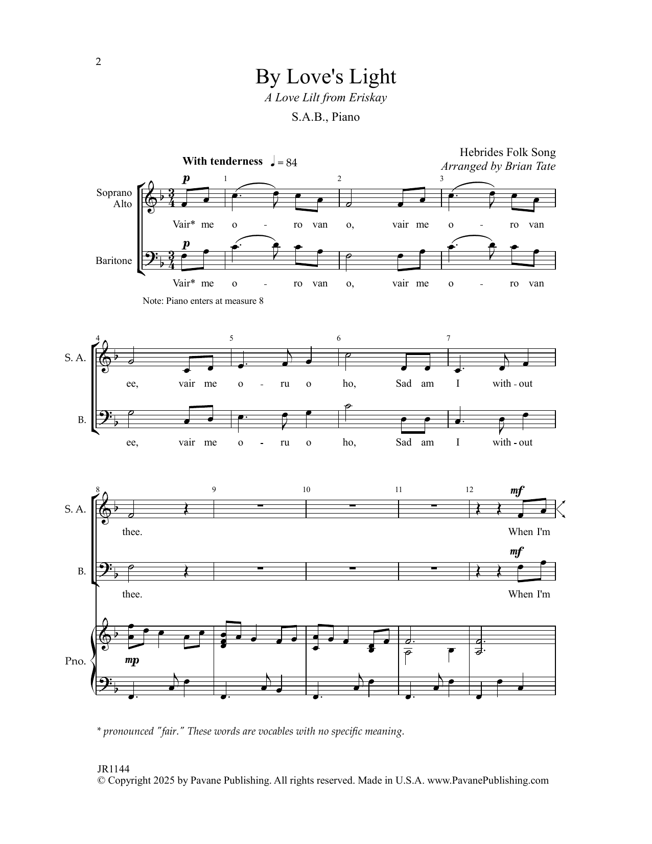 Hebrides Folk Song By Love's Light (arr. Brian Tate) sheet music notes and chords arranged for SAB Choir
