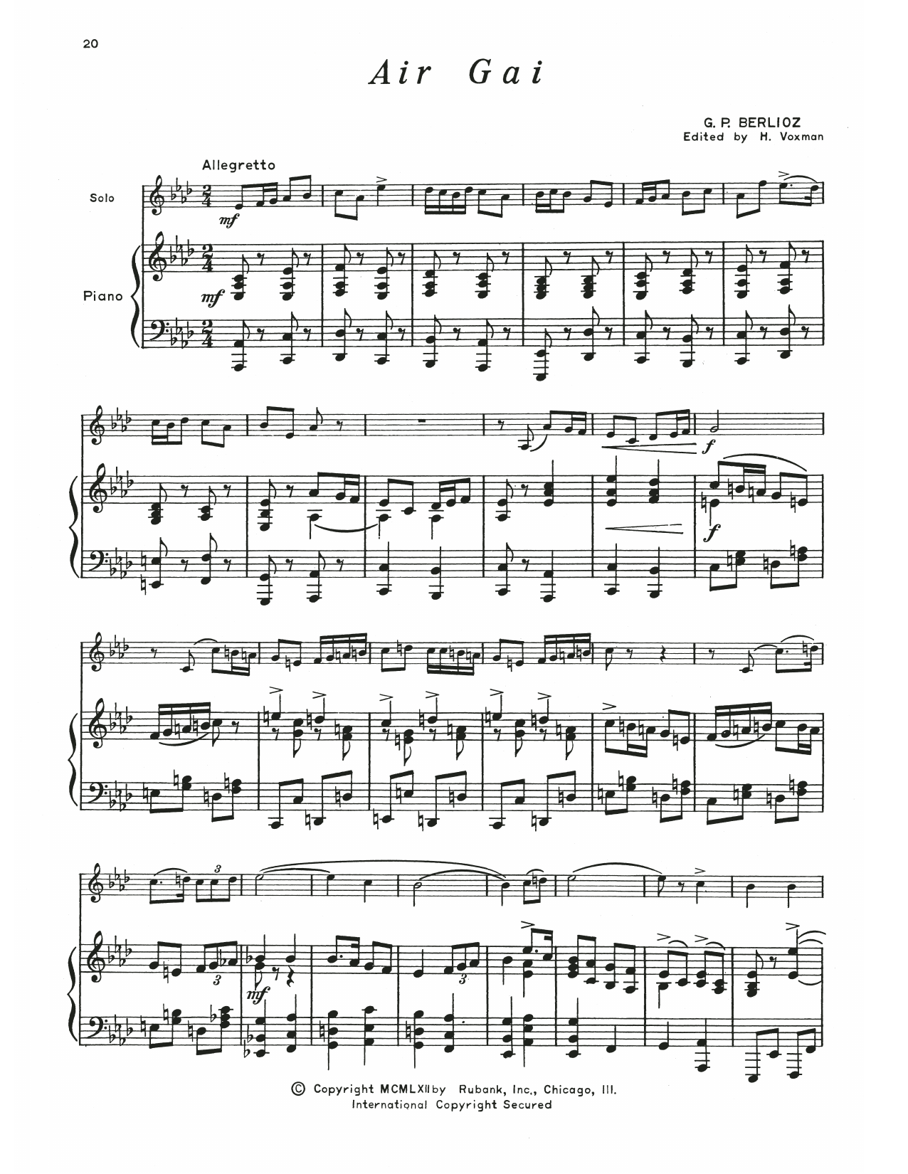 Hector Berlioz Air Gai sheet music notes and chords arranged for Baritone T.C. and Piano