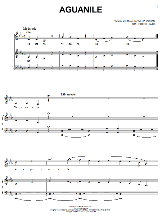 Hector Lavoe Aguanile sheet music notes and chords arranged for Piano, Vocal & Guitar Chords (Right-Hand Melody)