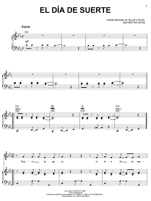 Hector Lavoe El Dia De Suerte sheet music notes and chords arranged for Piano, Vocal & Guitar Chords (Right-Hand Melody)