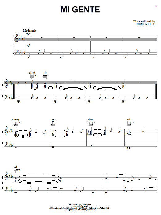 Hector Lavoe Mi Gente sheet music notes and chords arranged for Piano, Vocal & Guitar Chords (Right-Hand Melody)
