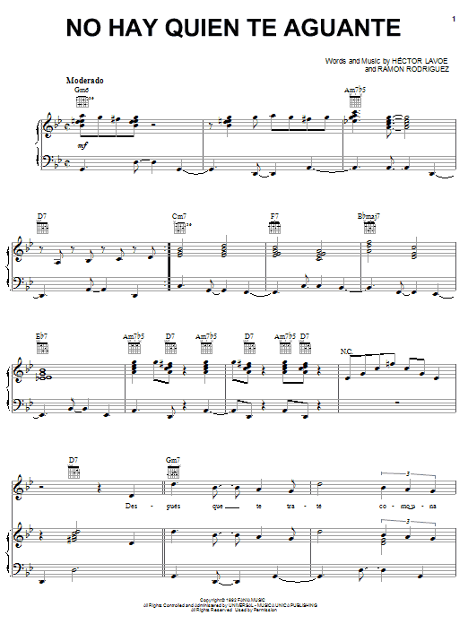 Hector Lavoe No Hay Quien Te Aguante sheet music notes and chords arranged for Piano, Vocal & Guitar Chords (Right-Hand Melody)