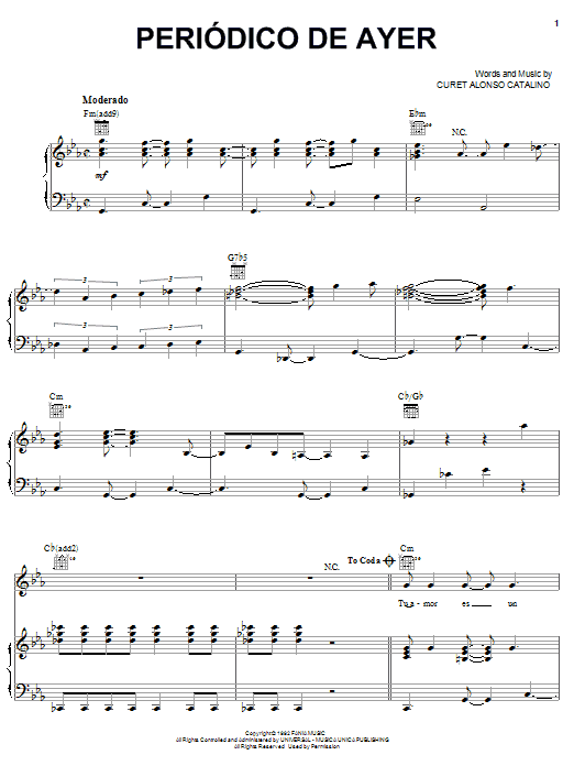 Hector Lavoe Periodico De Ayer sheet music notes and chords arranged for Piano, Vocal & Guitar Chords (Right-Hand Melody)