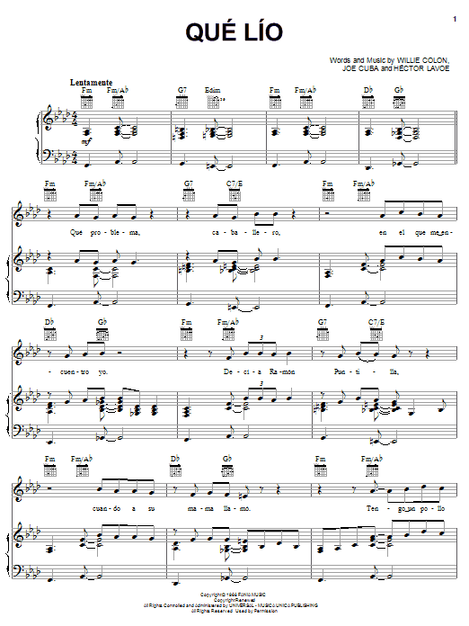 Hector Lavoe Que Lio sheet music notes and chords arranged for Piano, Vocal & Guitar Chords (Right-Hand Melody)