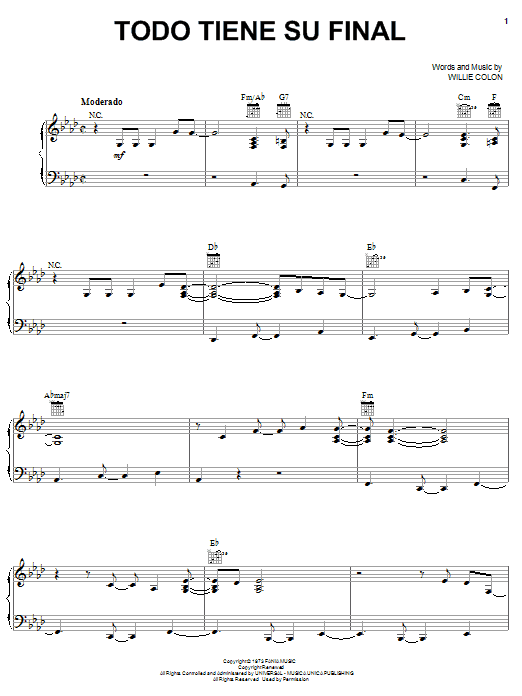 Hector Lavoe Todo Tiene Su Final sheet music notes and chords arranged for Piano, Vocal & Guitar Chords (Right-Hand Melody)