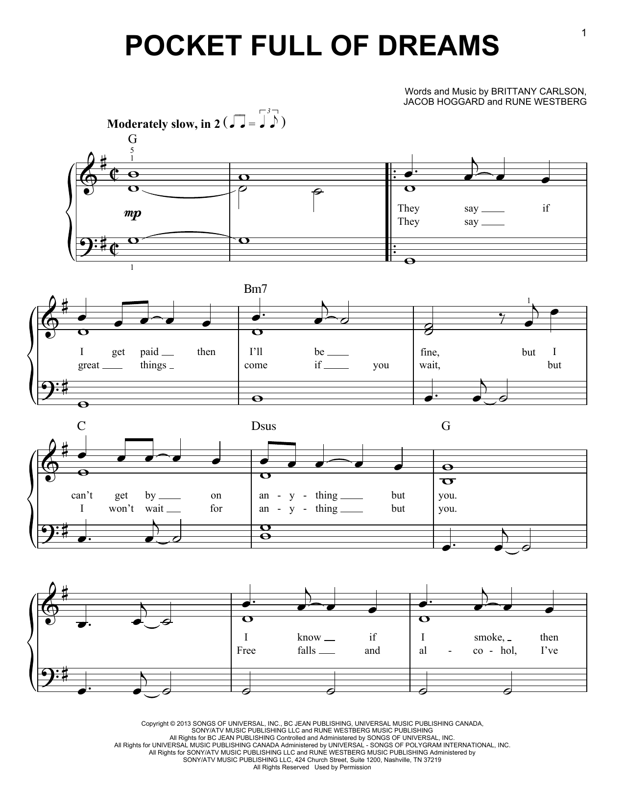 Hedley Pocket Full Of Dreams sheet music notes and chords arranged for Piano, Vocal & Guitar Chords (Right-Hand Melody)