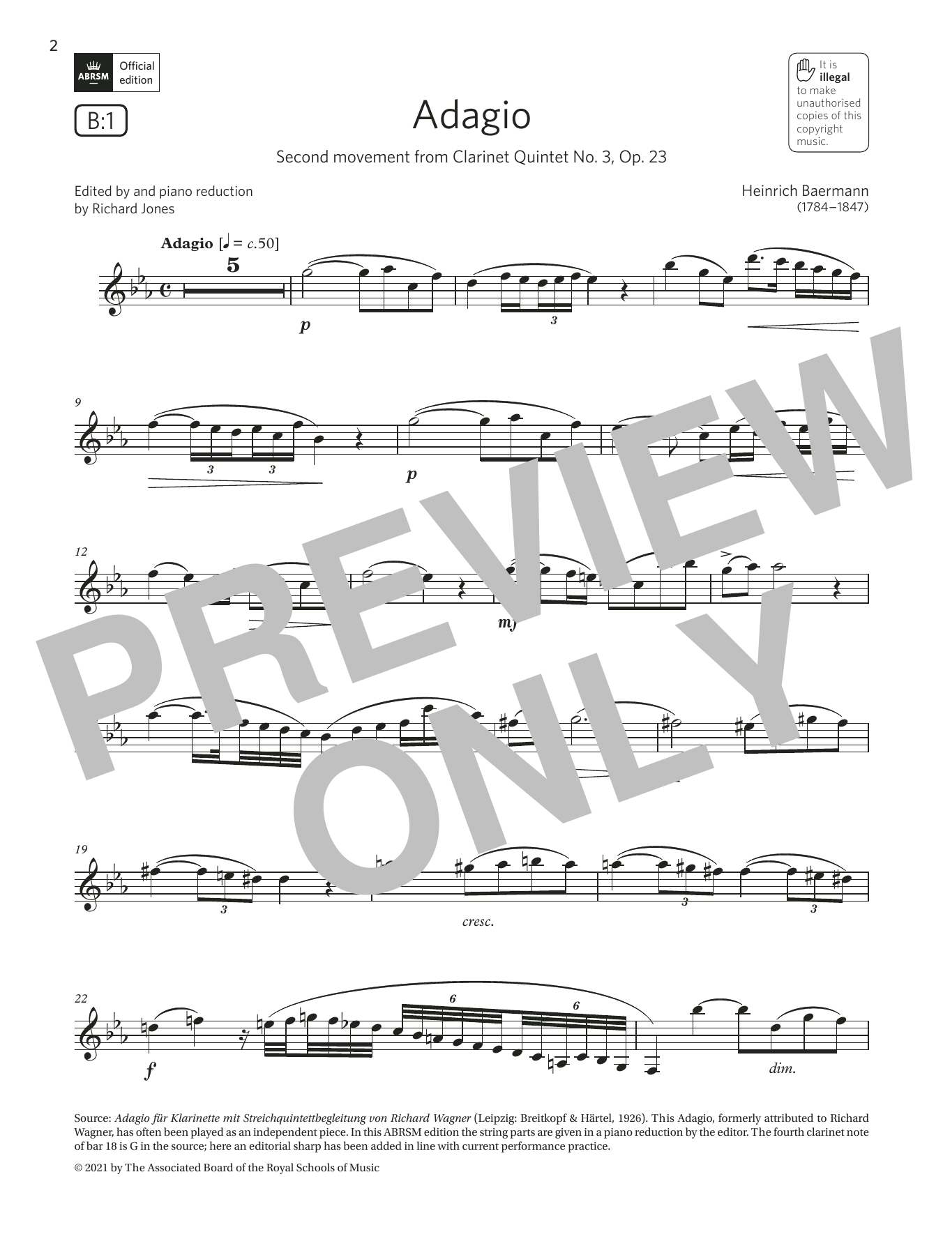 Heinrich Baermann Adagio (from Clarinet Quintet No. 3) (Grade 6 List B1 from the ABRSM Clarinet syllabus from 2022) sheet music notes and chords arranged for Clarinet Solo