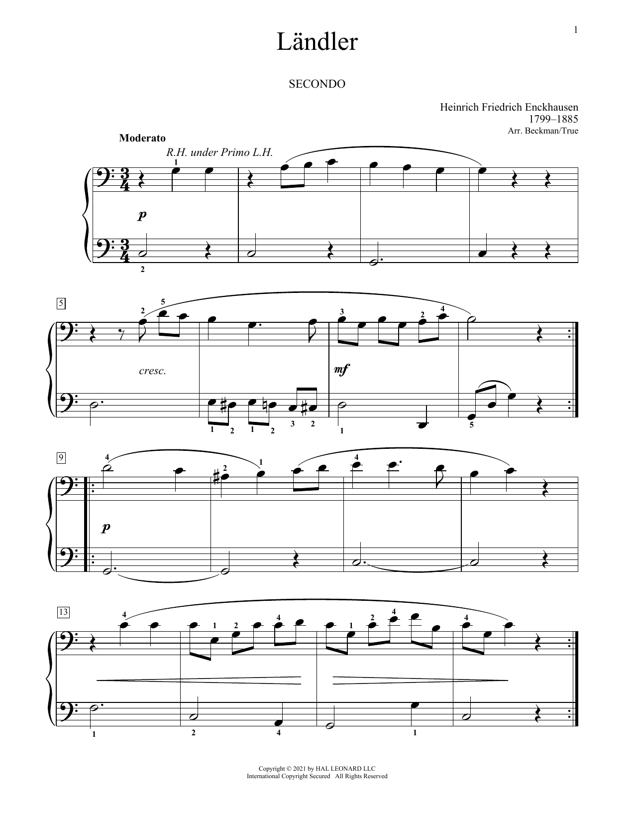 Heinrich Enckhausen Landler sheet music notes and chords arranged for Piano Duet