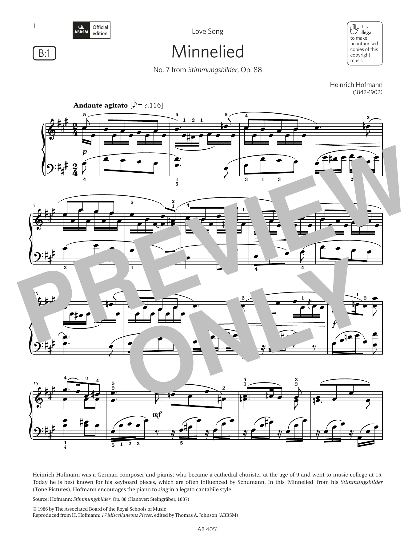 Heinrich Hofmann Minnelied (Grade 5, list B1, from the ABRSM Piano Syllabus 2023 & 2024) sheet music notes and chords arranged for Piano Solo