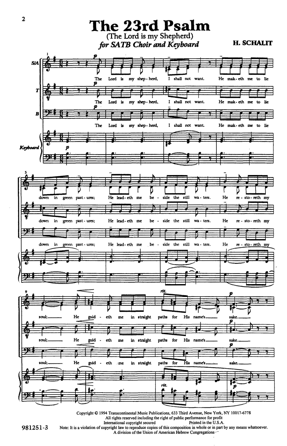 Heinrich Schalit The 23rd Psalm sheet music notes and chords arranged for SATB Choir