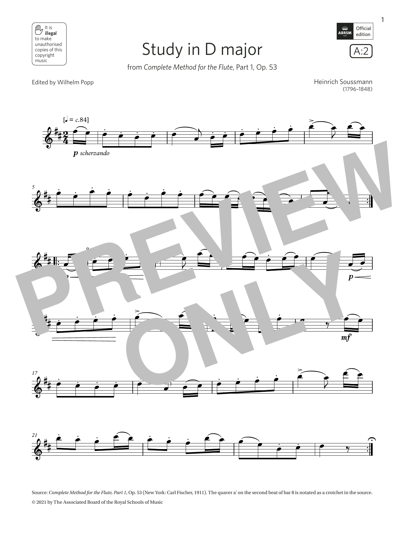 Heinrich Soussmann Study in D major (Grade 2 List A2 from the ABRSM Flute syllabus from 2022) sheet music notes and chords arranged for Flute Solo