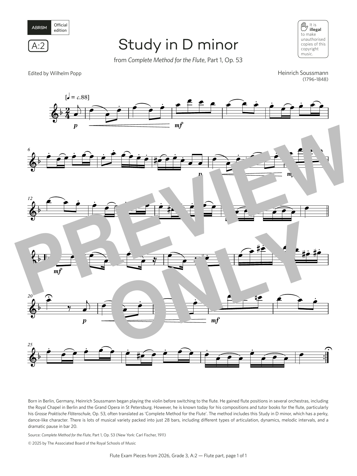 Heinrich Soussmann Study in D minor (Grade 3, list A2, from the ABRSM Flute Syllabus from 2026) sheet music notes and chords arranged for Flute Solo