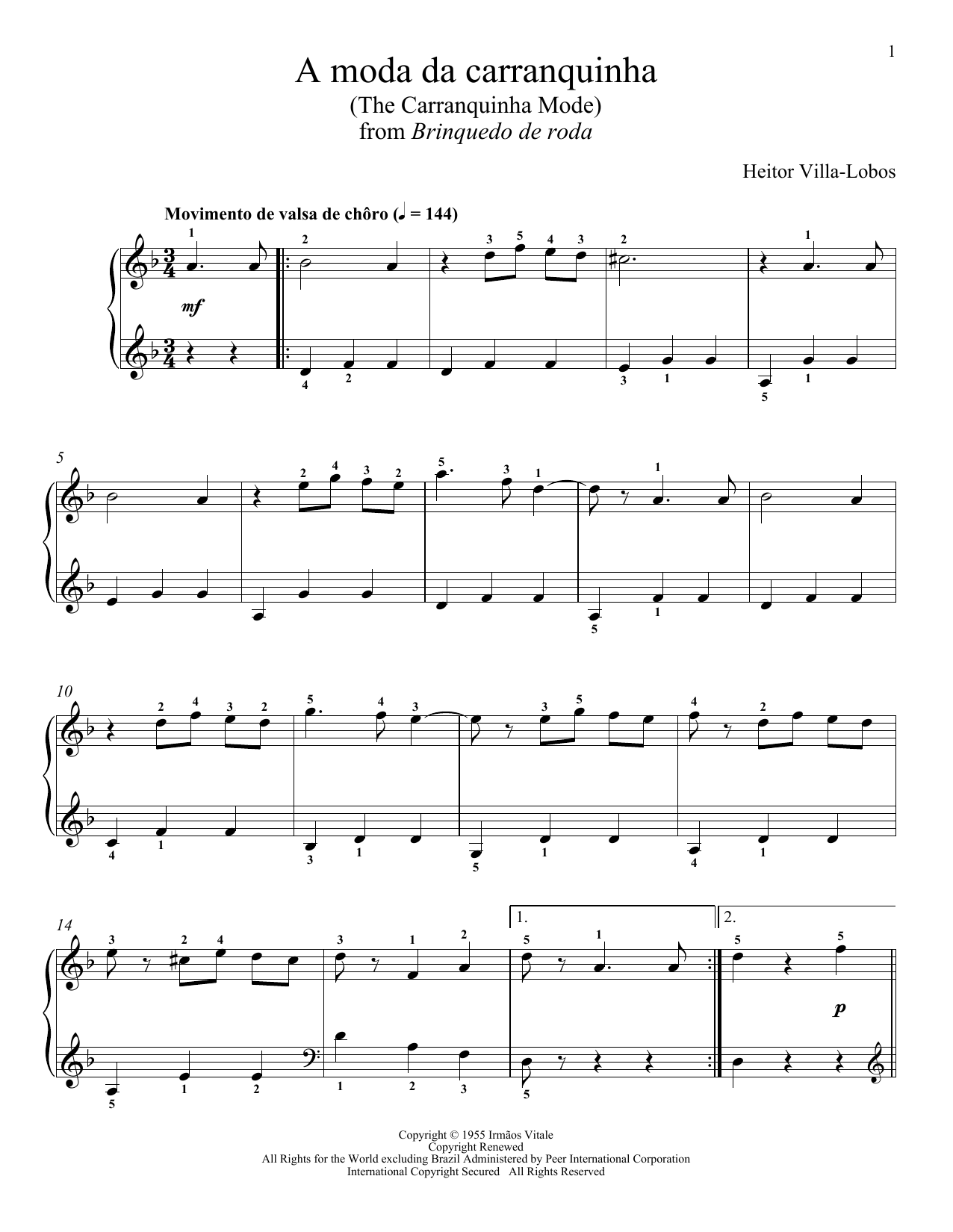 Heitor Villa-Lobos A Moda da Carranquinha (The Carranquinha Mode) sheet music notes and chords arranged for Piano Solo
