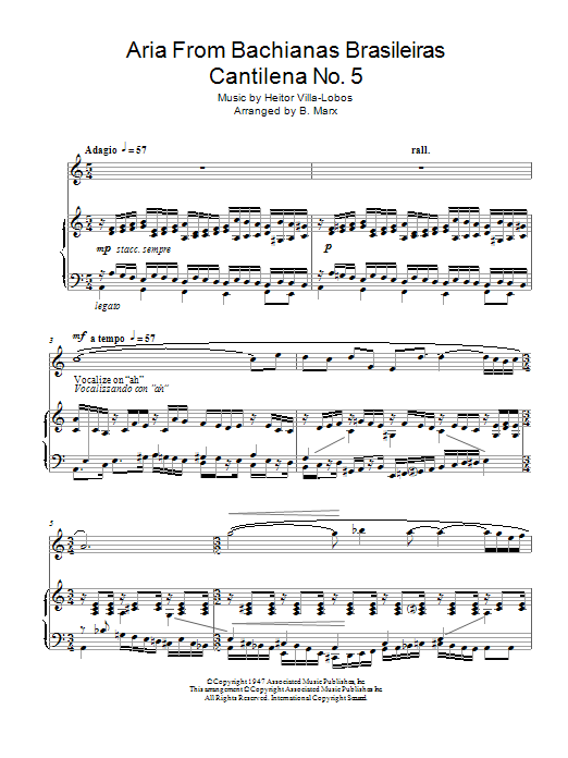 Heitor Villa-Lobos Aria From Bachianas Brasileiras Cantilena No. 5 sheet music notes and chords arranged for Piano & Vocal