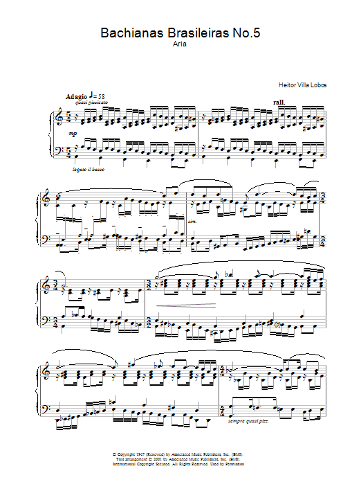 Heitor Villa-Lobos Bachianas Brasileiras No.5 sheet music notes and chords arranged for Piano Solo
