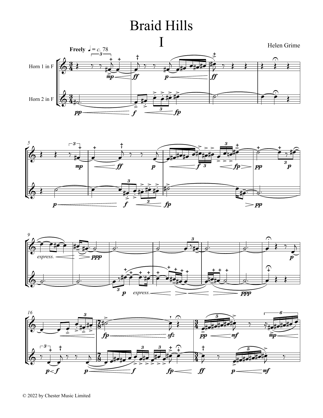 Helen Grime Braid Hills sheet music notes and chords arranged for French Horn Duet