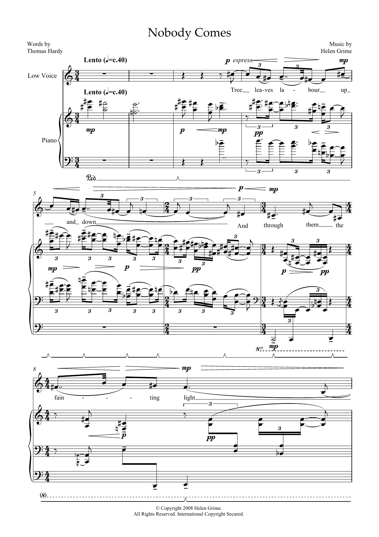 Helen Grime Nobody Comes (for low voice and piano) sheet music notes and chords arranged for Piano & Vocal